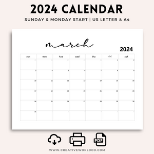 Minimalist 2024 Yearly Calendar | CWCA020