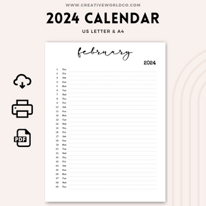 Minimalist 2024 Yearly Calendar | CWCA023