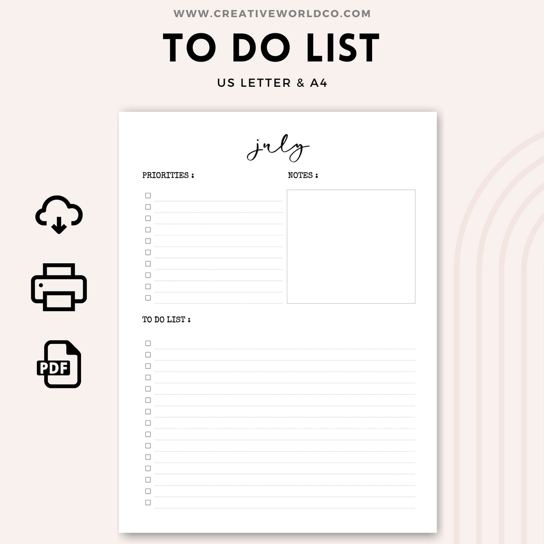 Monthly To-Do List Printable Planner | Organize Your Tasks and Goals | CWCA022