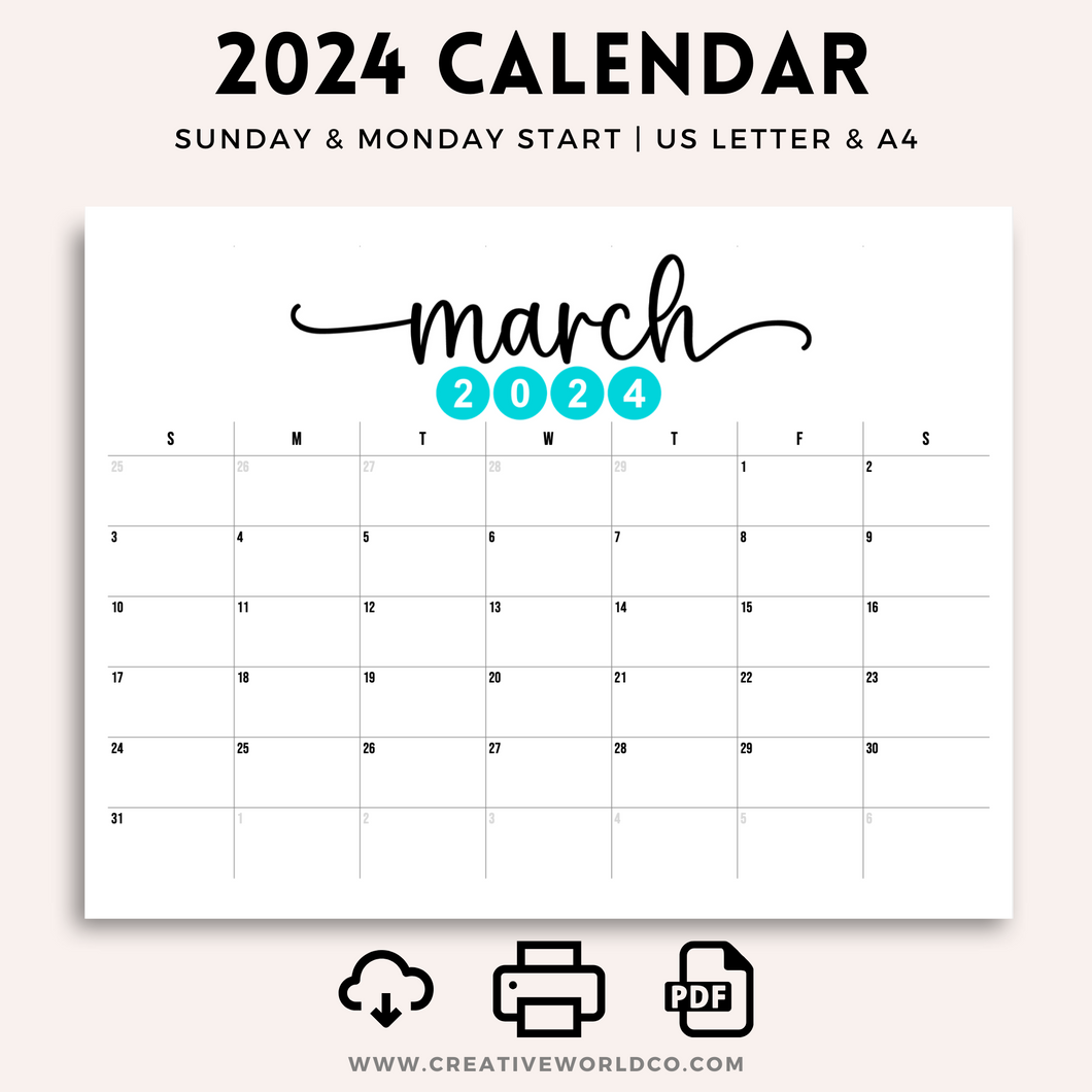 Minimalist 2024 Yearly Calendar | CWCA019