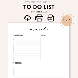 Monthly To-Do List Printable Planner | Organize Your Tasks and Goals | CWCA022