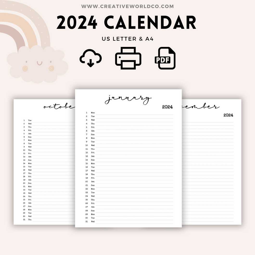 Minimalist 2024 Yearly Calendar | CWCA023