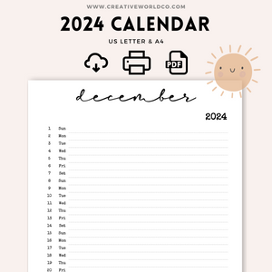 Minimalist 2024 Yearly Calendar | CWCA023