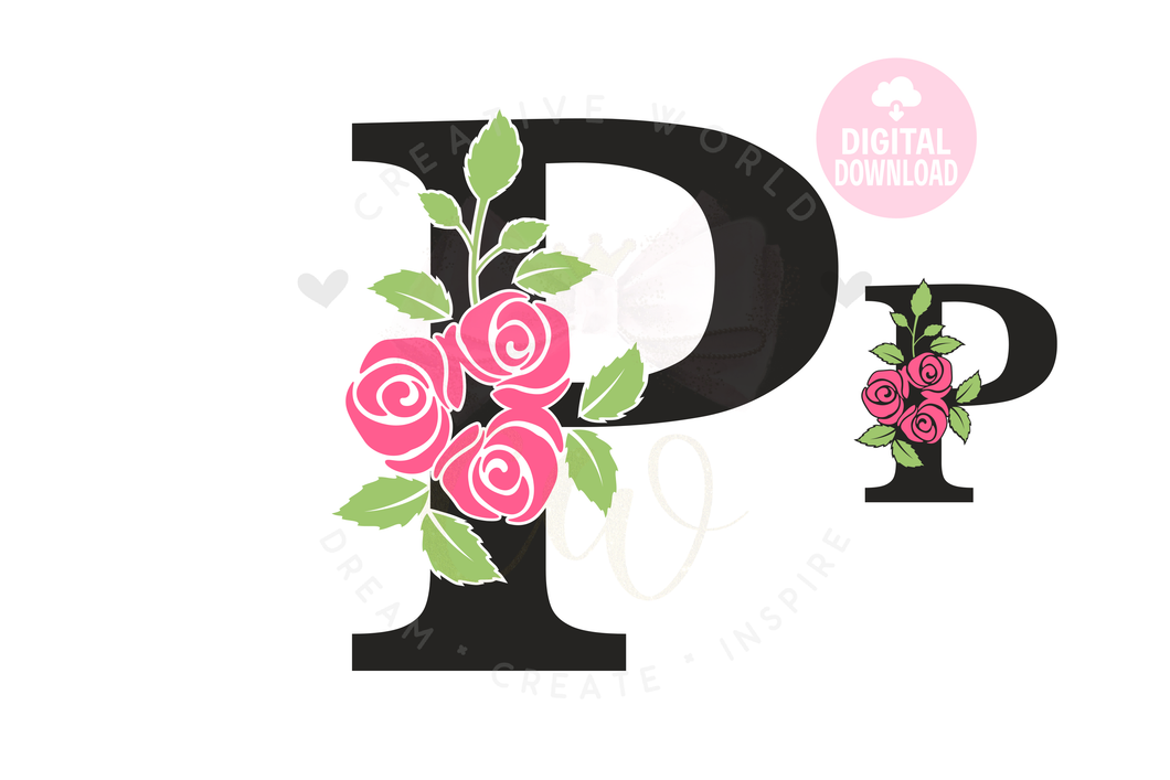 Rose Floral Alphabet svg | Letter P Rose Flower svg | Flower Wedding Monogram