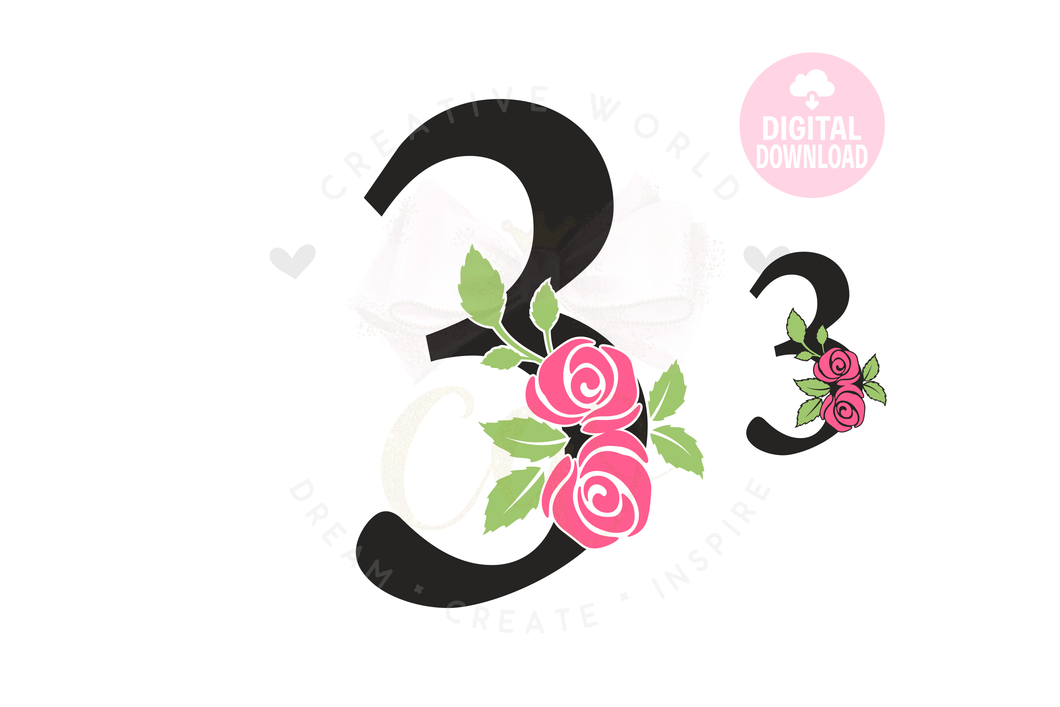 Rose Floral Number svg | Number 3 Rose Flower svg | Flower Wedding Monogram