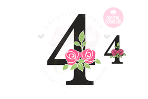 Rose Floral Number svg | Number 4 Rose Flower svg | Flower Wedding Monogram