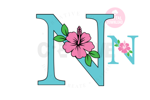 Hibiscus Floral Alphabet svg | Letter N Hibiscus Flower svg | Flower Wedding Monogram