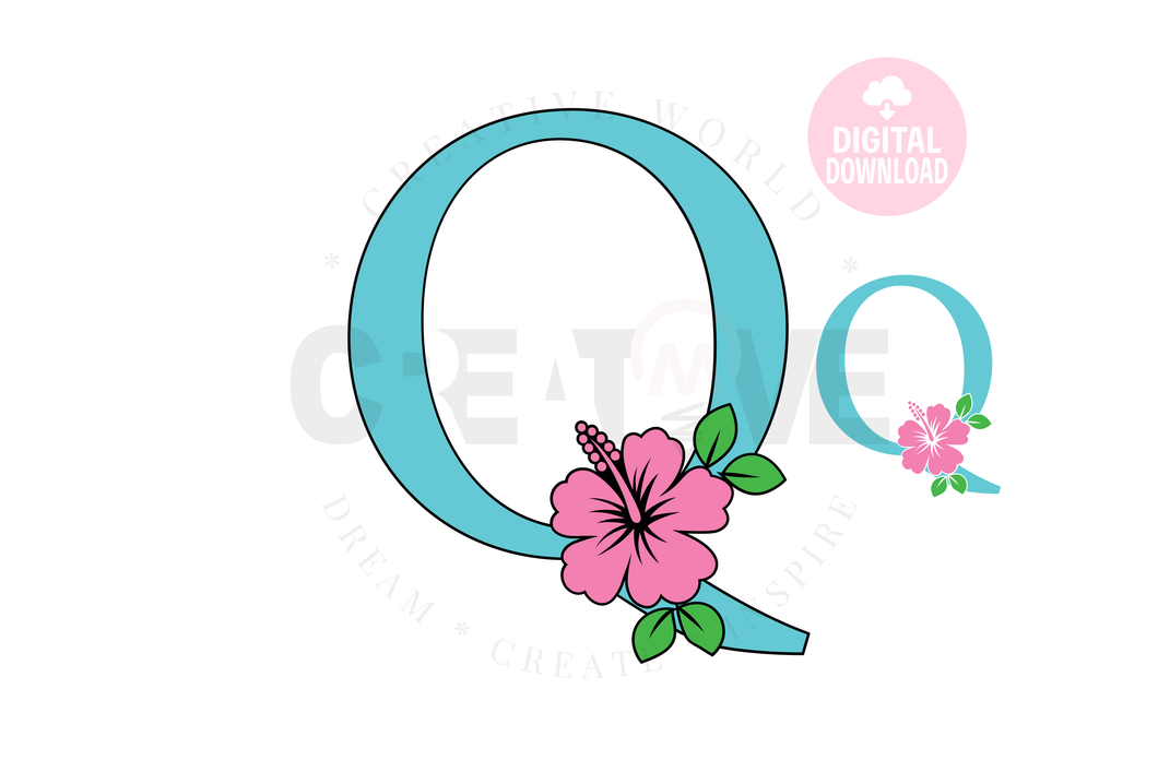 Hibiscus Floral Alphabet svg | Letter Q Hibiscus Flower svg | Flower Wedding Monogram