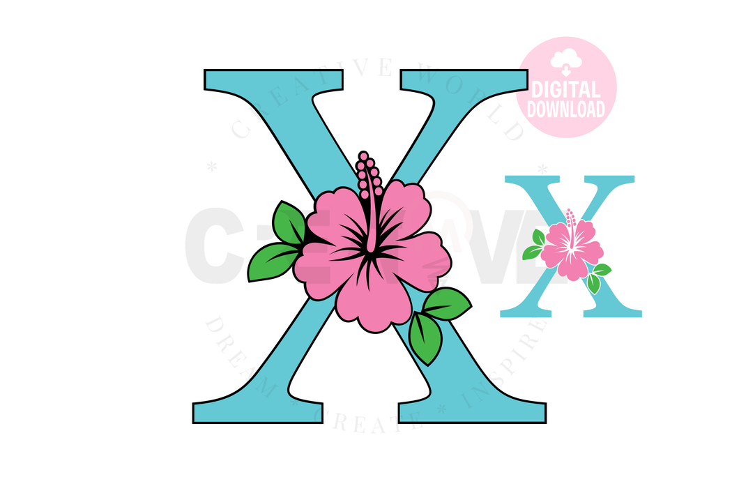 Hibiscus Floral Alphabet svg | Letter X Hibiscus Flower svg | Flower Wedding Monogram