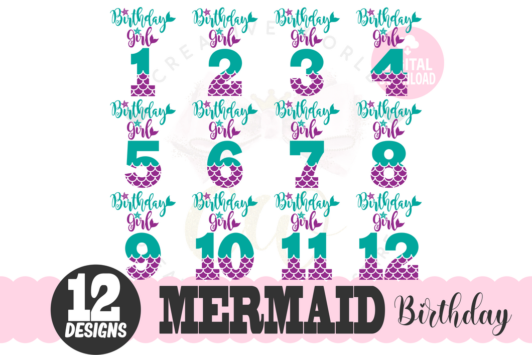 Birthday Mermaid SVG Bundle | Bundle Mermaid Birthday Girl 1-12 svg